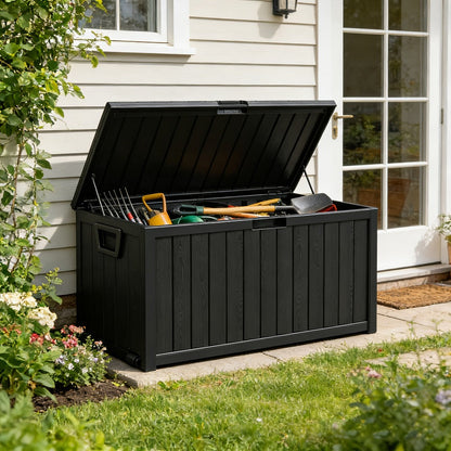 35- or 75-Gallon Outdoor Deck Box with Hinged Lid, Side Grips and Black or Beige Model Options