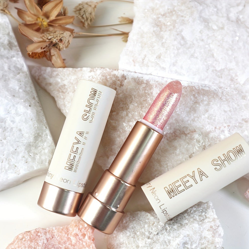 Three-Piece Glitter Shimmer Lipstick Set with Pearlescent Pink-Gold Finish for Party and Stage Makeup