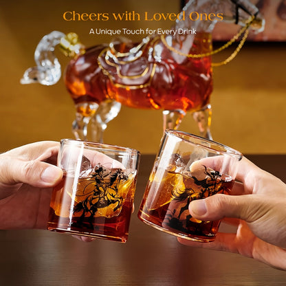 Horse Whiskey Decanter Set with Clear 67 oz Horse-Shaped Bottle and Two 9.8 oz Cowboy Glasses for a Western Bar Display