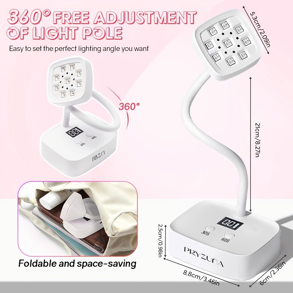 Gooseneck Stand LED Nail Lamp with Nine Dual-Light Beads, LCD Base, Two Timers and Type-C Charging