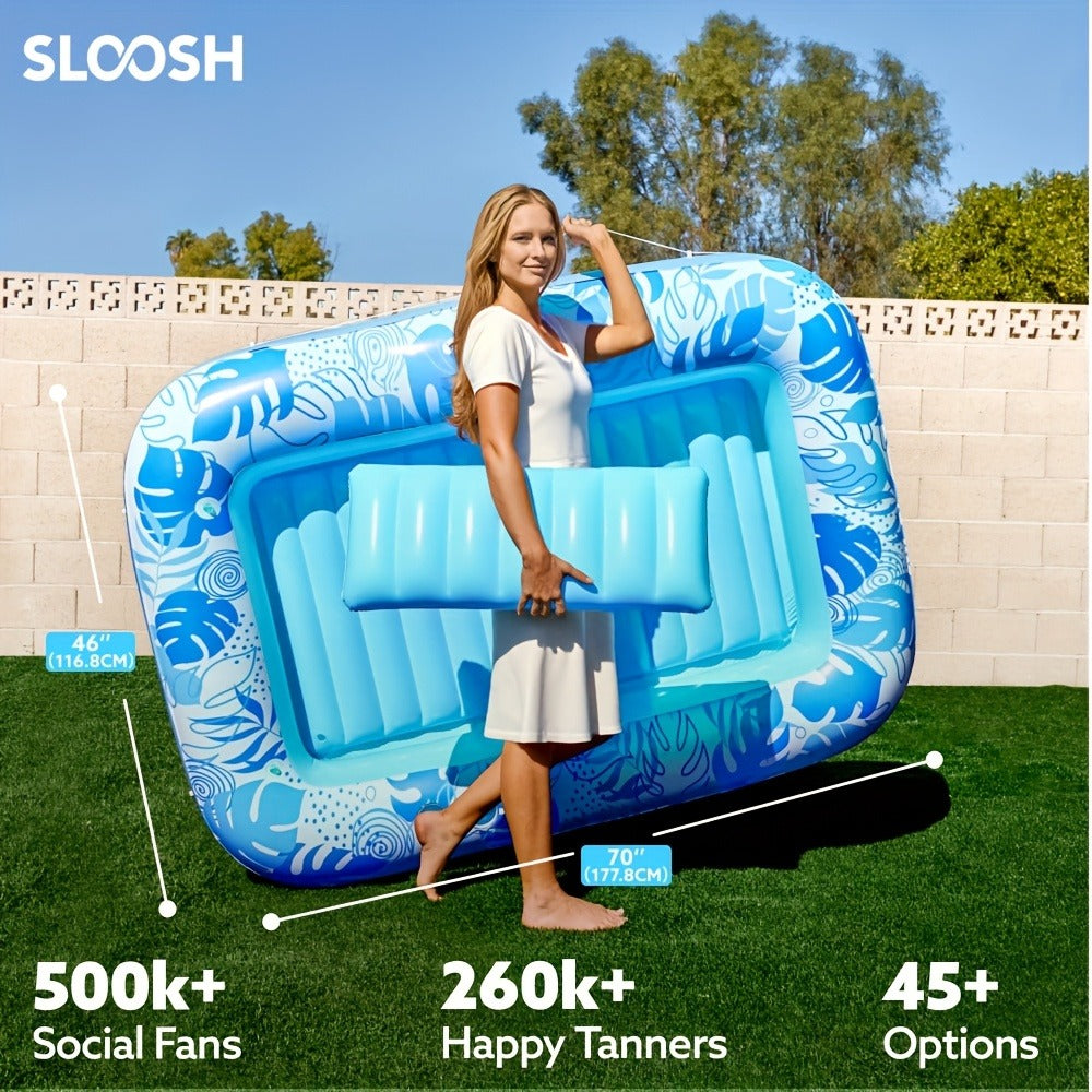70 x 46-Inch Inflatable Pool Float Tanning Bed in Blue with Open Center, Ribbed Base and Raised Pillow