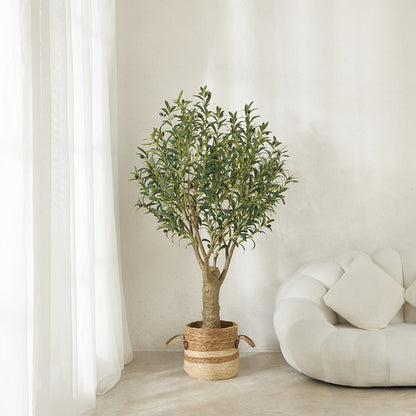 Potted Olive Artificial Tree with 5, 6, 7 and 8 ft Height Options, Black Planter and Branching Green Leaves