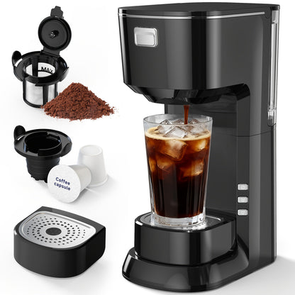 Compact Single-Serve Coffee Maker for Pods or Grounds with One-Button Control and Black or White Finish