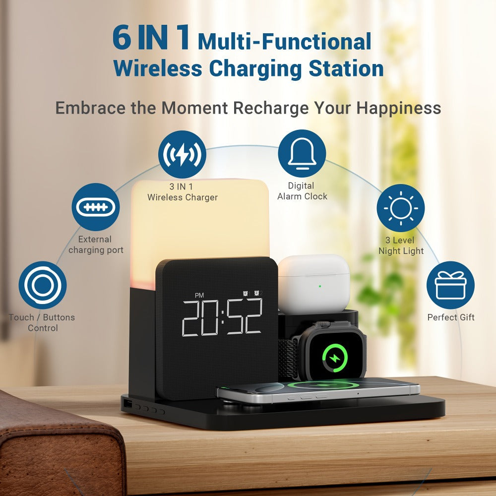 Wireless Charging Station, 3-in-1 Bedside Dock with Alarm Clock for iPhone and Samsung Galaxy Phones