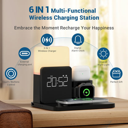 Wireless Charging Station, 3-in-1 Bedside Dock with Alarm Clock for iPhone and Samsung Galaxy Phones