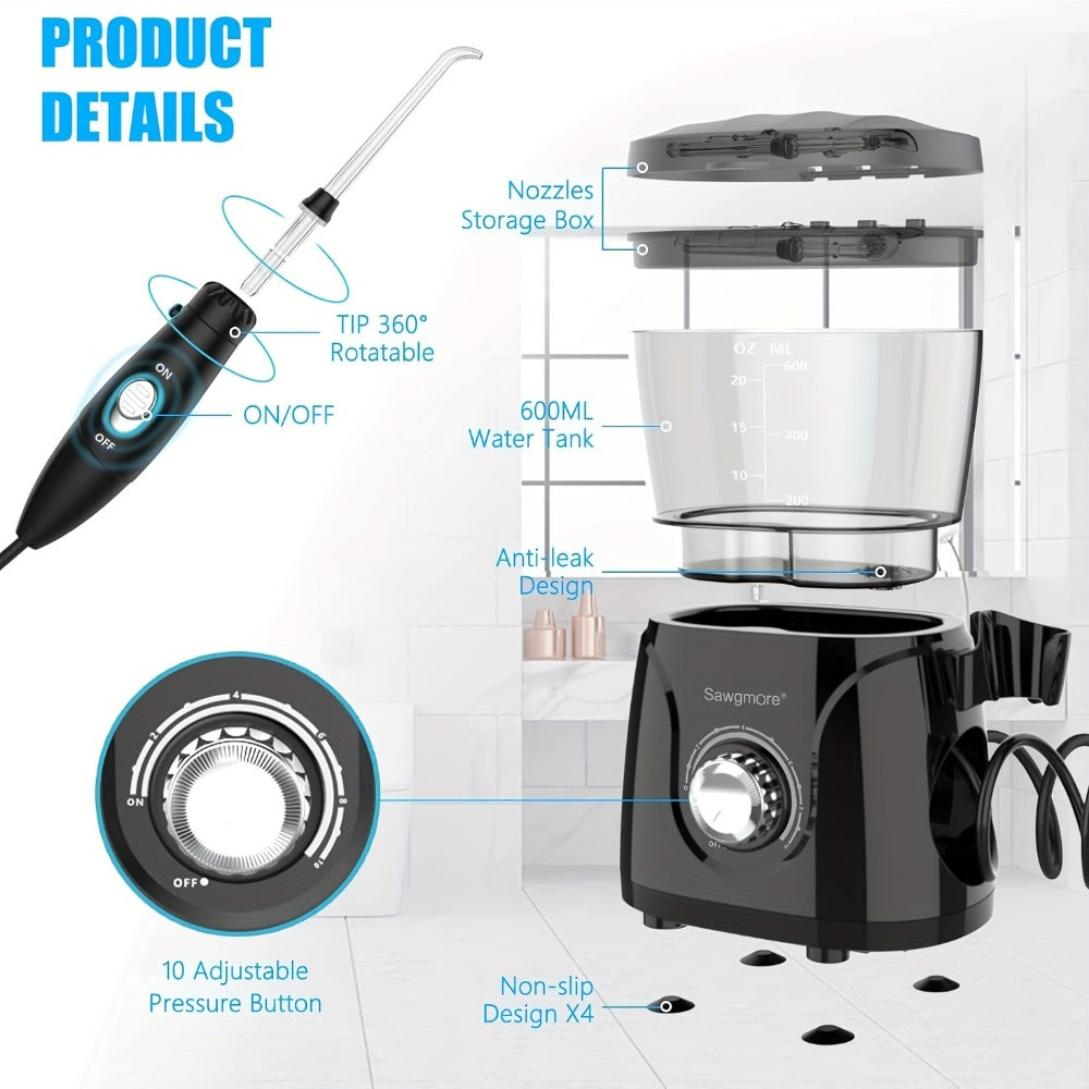 600 ml Desktop Water Flosser in Black with 10 Pressure Levels, Eight Nozzles and Large Tank