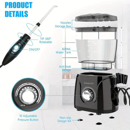 600 ml Desktop Water Flosser in Black with 10 Pressure Levels, Eight Nozzles and Large Tank
