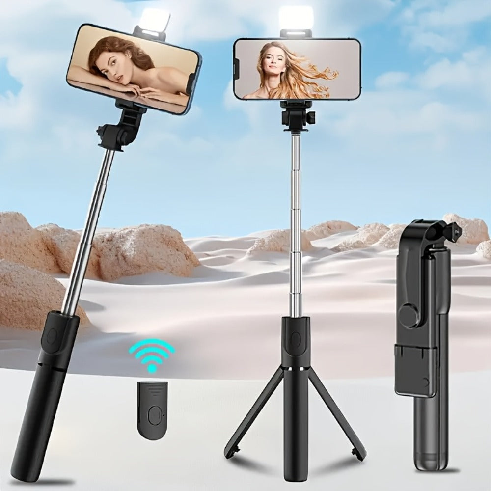 27.16-Inch Compact Selfie Stick Tripod with Integrated Light, Rotating Clamp, Remote and Two Colors