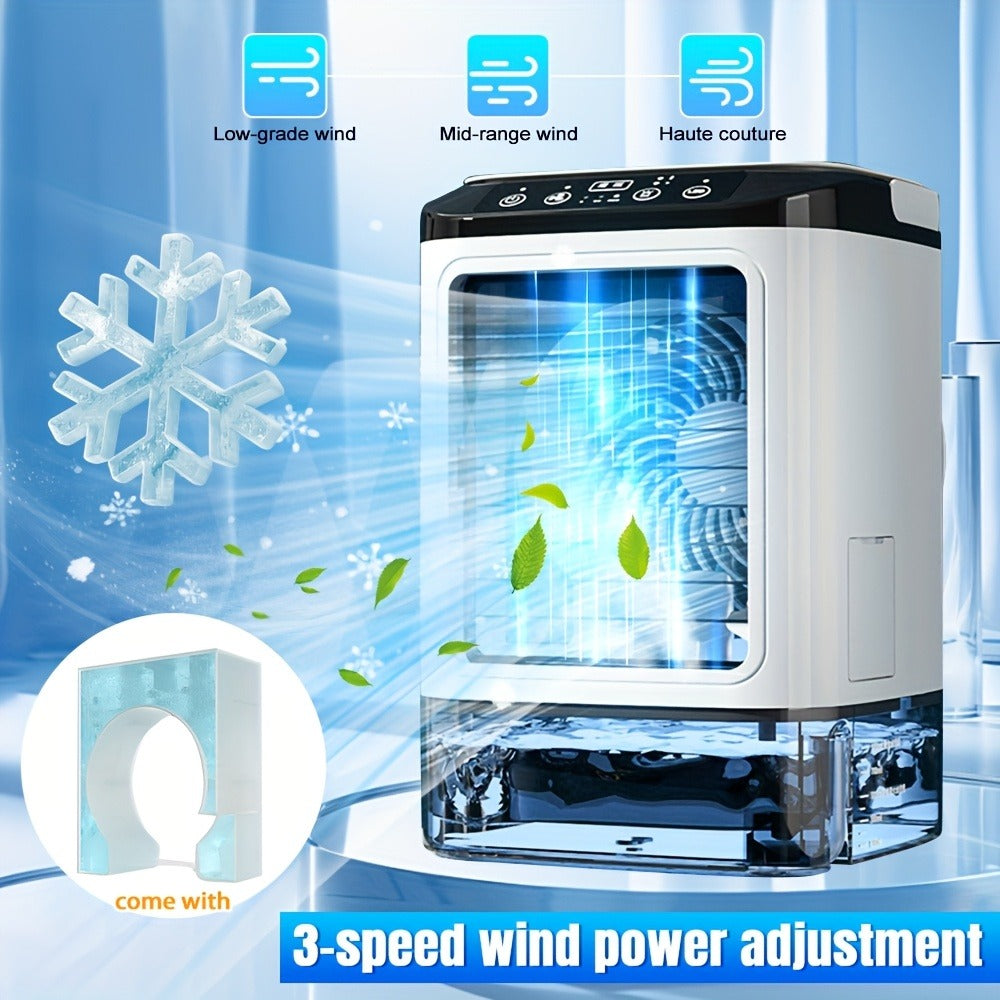 Portable Air Cooler Fan USB Humidifier with Rainbow Ambient Light, 3-Speed Atomization Misting Fan with Large Ice Box and Low Noise, Personal Desktop Cooling Fan Gift for Home, Office and Bedroom