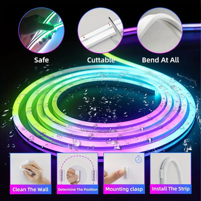 RGBIC LED Strip Lights Music Sync App & Remote Control - IP65 Waterproof Cuttable Flexible Neon Rope Light Color Chasing for Bedroom Gaming Room TV Backlight Outdoor Courtyard Christmas Halloween Decoration 2m 3m 5m