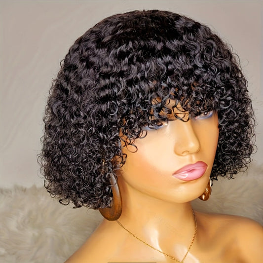 Brazilian Human Hair Wig Short Wavy Elf Cut 150% Density Lace Free Glueless Rose Mesh Cap Machine Made for Women Men All Ethnicities Natural Black 10 Inch Alopecia Chemo Hair Loss