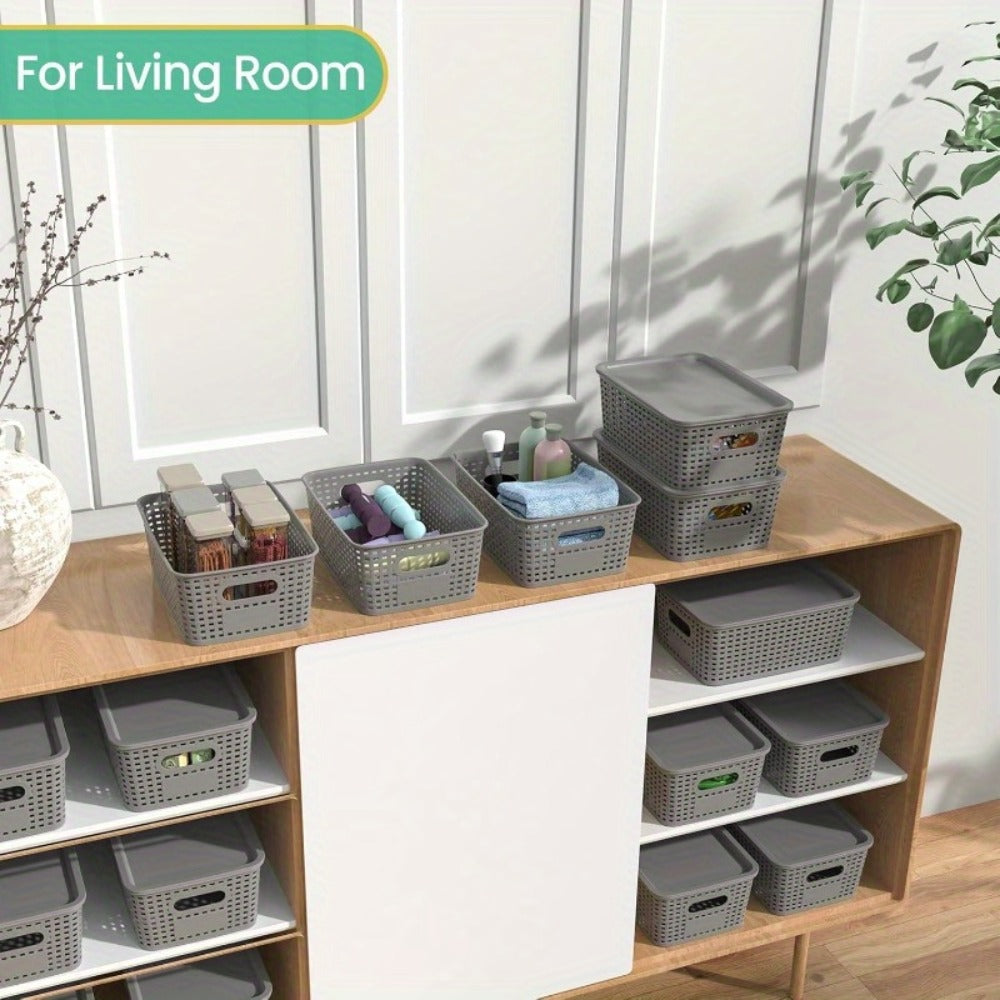Storage Organizer Bins with Lids 4/8 Pack | Space-Saving Stackable Boxes 10"x7"x4" for Shelves, Closet & Desk - Declutter Bins for Dorm, Playroom & Office with File Organizer Bag, White Black Gray Red