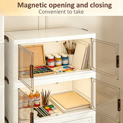 Stackable Storage Cabinet with Doors and Wheels | Collapsible Plastic Locker 1-5 Layers Large Capacity Home Organization for Bedroom Living Room Kitchen Easy Assembly Space Saving