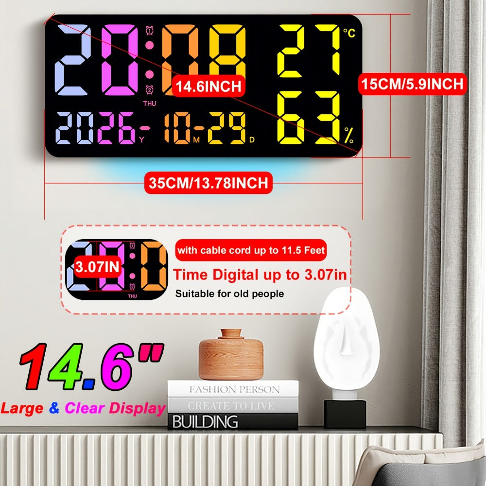 Digital Wall Clock 14.6 Inch Large LED Display with Remote Control - 12 RGB Color Modes, Dual Alarm, Night Light, Temperature, Humidity & Date | Smart Home Decor for Living Room, Bedroom & Elderly