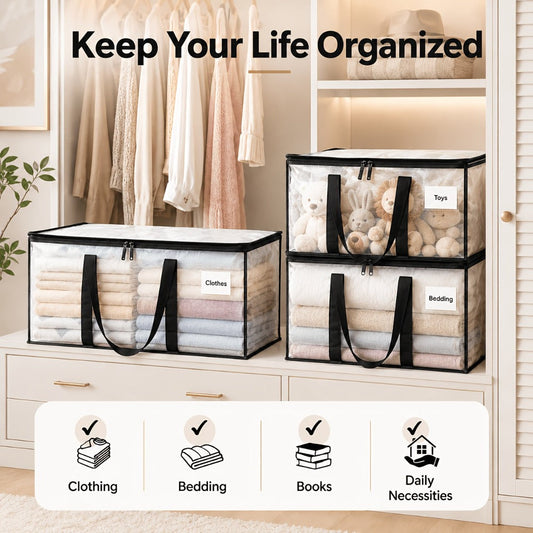 Heavy-Duty Moving Bags Set of 6 – Oversized Storage Totes with Reinforced Handles & Snap-Close Lid, Space Saver Bags for Clothes, Quilts & Moving Supplies, Transparent