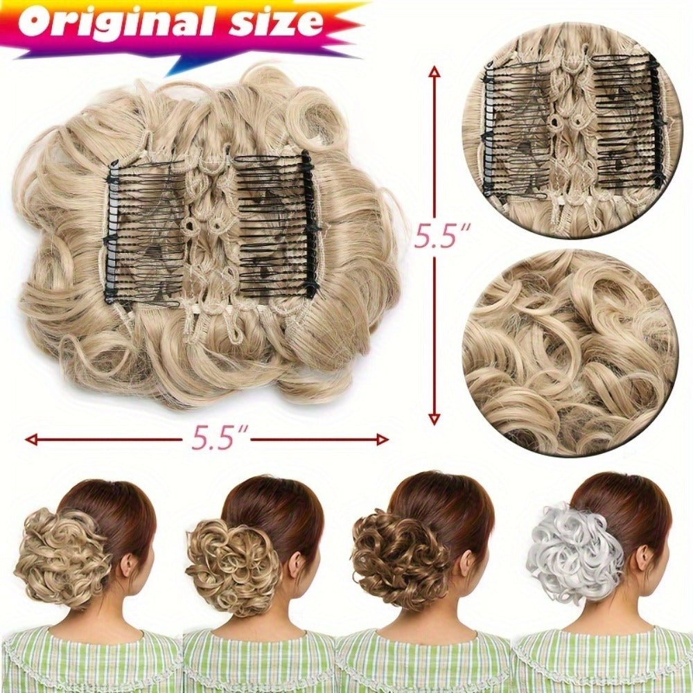 Six-Inch Curly Clip-In Hair Bun Extension with Comb and Scrunchie in Four Blended Color Options