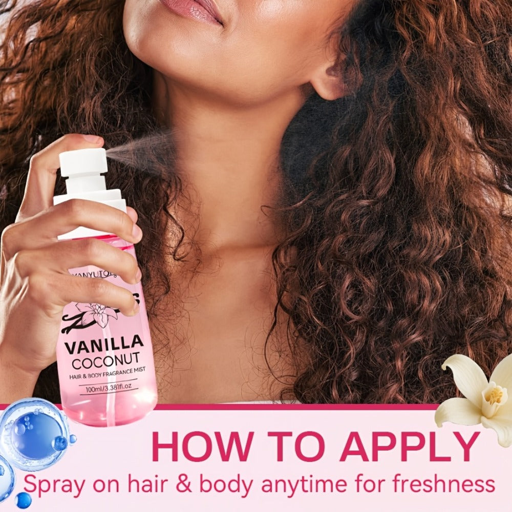 100 ml Coconut Vanilla Hair and Body Fragrance Mist with Vitamin E, Argan Oil and Glycerin
