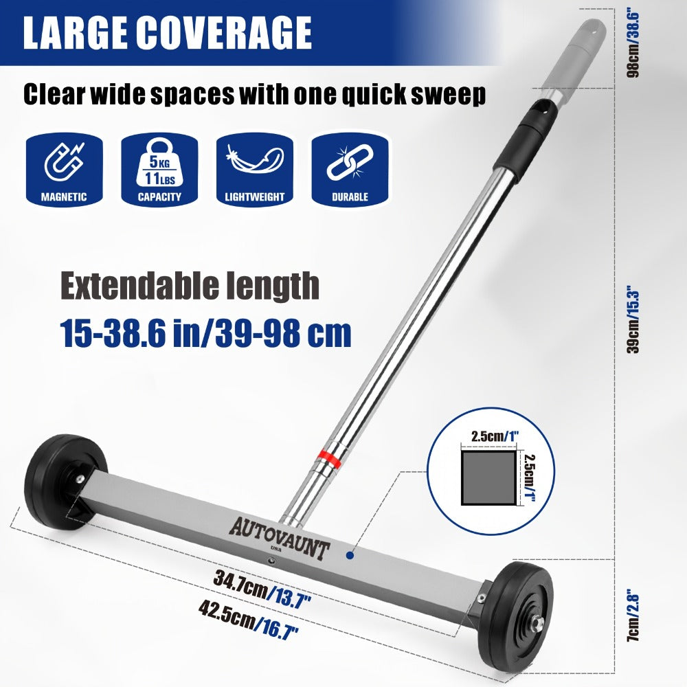 17-Inch Rolling Magnetic Sweeper with Telescoping 15-to-38-Inch Handle, Wheels and Quick-Release Knob