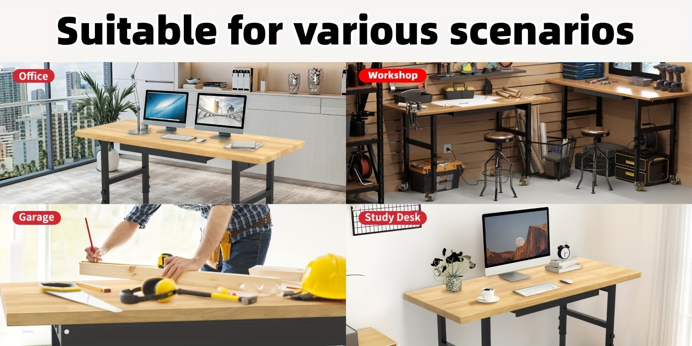 Garage Workbench Solid Wood Tool Desk with Drawers, Power Outlets & Swivel Casters, 48"/60"/70" Heavy-Duty Workshop Bench for Home Garage & Workshop