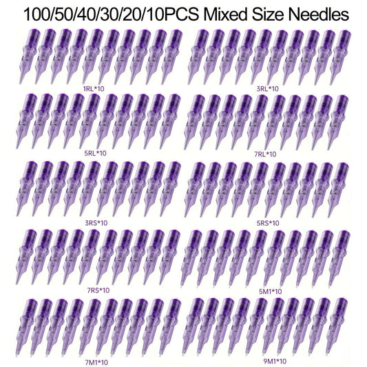 Disposable Tattoo Needles Mixed Size Sterilized RL RS M1 0.35mm – Safety Tattoo Needle Set for Tattoo Artists and Beginners, Body Art Supplies 30 40 100 Piece Bulk Pack