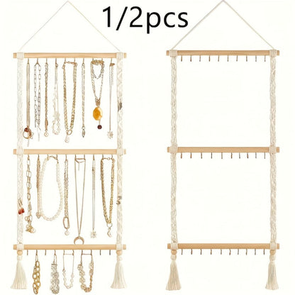 Jewelry Organizer Hand-Woven Wall Hanging Rack with Tassel Detail and 30 Hooks in 1- or 2-Piece Options