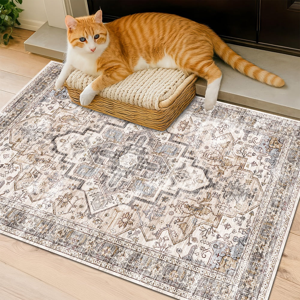 Area Rug Bohemian Retro Design in Beige or Grey with Six Foldable Machine-Washable Room Sizes