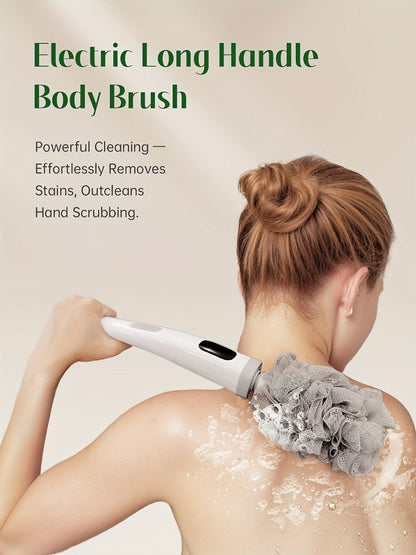 Electric Body Scrubber Brush 3 Replaceable Heads Dual Speed Shower Back Cleaner Exfoliating Skin Cleansing Massage African Bath Sponge Long Handle for Women Men Home Spa Daily Use