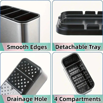 Utensil Holder Stainless Steel Cutlery Organizer 4-Compartment Countertop Caddy Anti-Slip Drain Holes for Kitchen Forks Knives Spoons Chopsticks