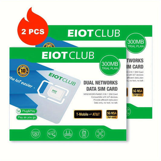 Prepaid Data SIM Card 2 Pack for Security Camera 5G 4G LTE USA – AT&T & T-Mobile No Contract Plug & Play, 3-in-1 for Solar Trail Cameras Routers IoT GPS Devices, 300MB Trial Plan, No Activation Fee