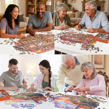 Adult Jigsaw Puzzle Three-Pack with Three 1000-Piece Designs: Sunset Lighthouse, Bird Crochet and Moroccan Pottery