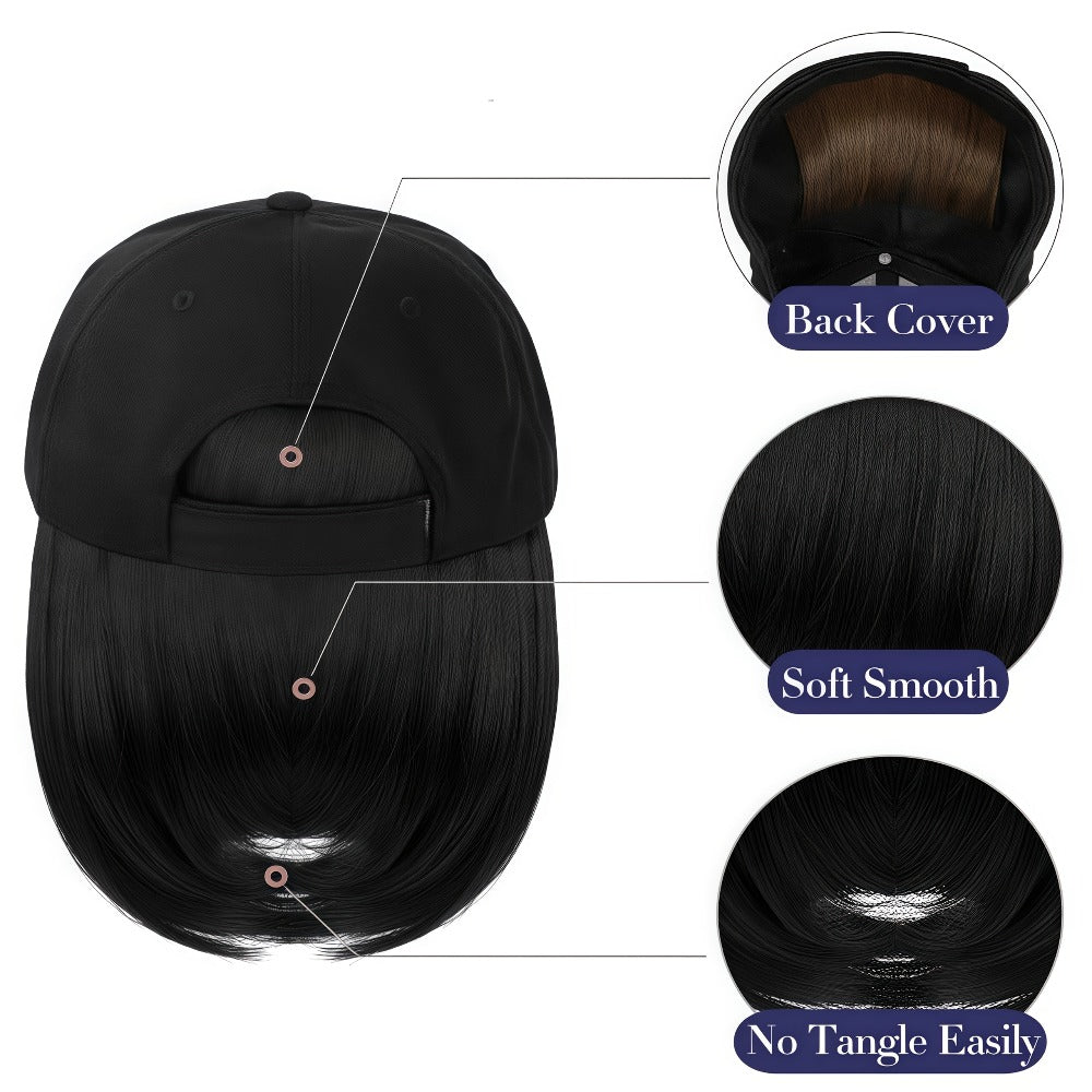 Baseball Cap with Attached 12-Inch Straight Bob Hairpiece in Style4, Black, 613 or 107 Checkout Options