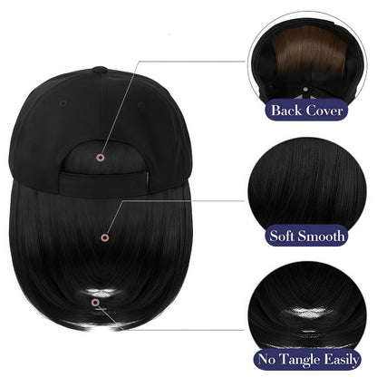 Baseball Cap with Attached 12-Inch Straight Bob Hairpiece in Style4, Black, 613 or 107 Checkout Options