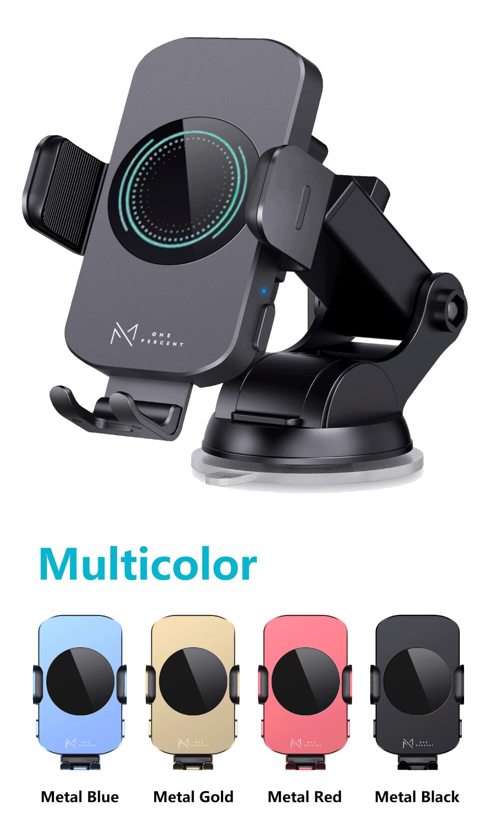 4-Color Wireless Car Charger Mount 15W Qi Auto-Clamping – Fast Wireless Charging Phone Holder for iPhone 17 16 15 14 13 12 11 Pro Max, Samsung Galaxy S24 S23 S22 S21 & All Qi Phones | Black Blue Red Gold