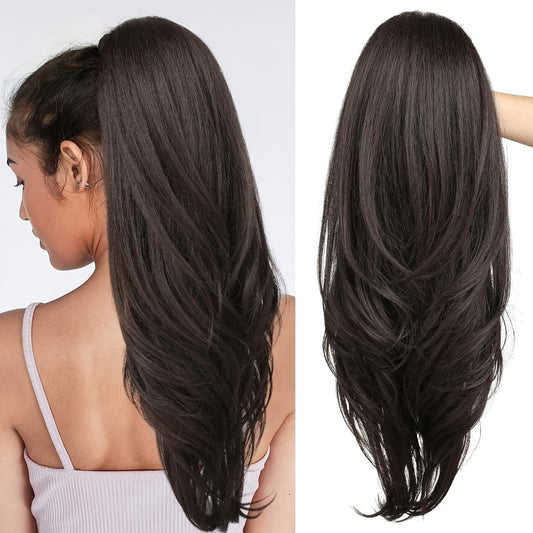 Drawstring Ponytail Extension for Women Long Wavy Layered Wrap Around Clip In Synthetic Pony Tail 26 Inch No Glue No Heat Blonde Brown Ash Brown Highlighted Multi Color