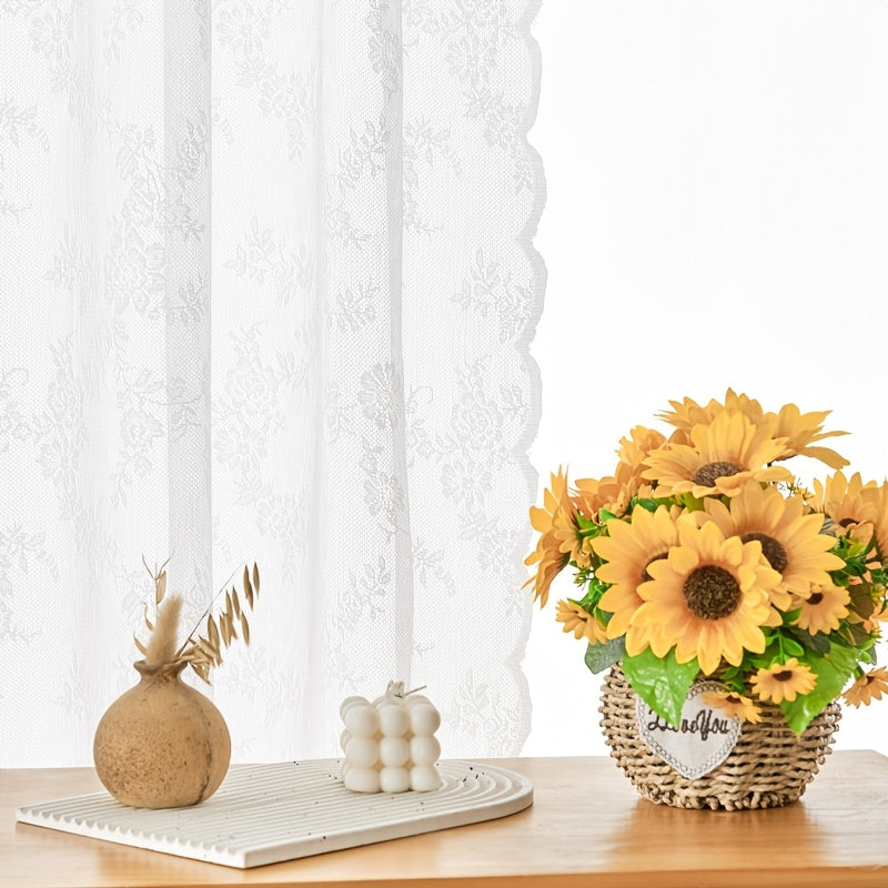 Two-Panel Floral Lace Window Curtain Set with Rod-Pocket Top, Three Colors and Six Metric Size Options