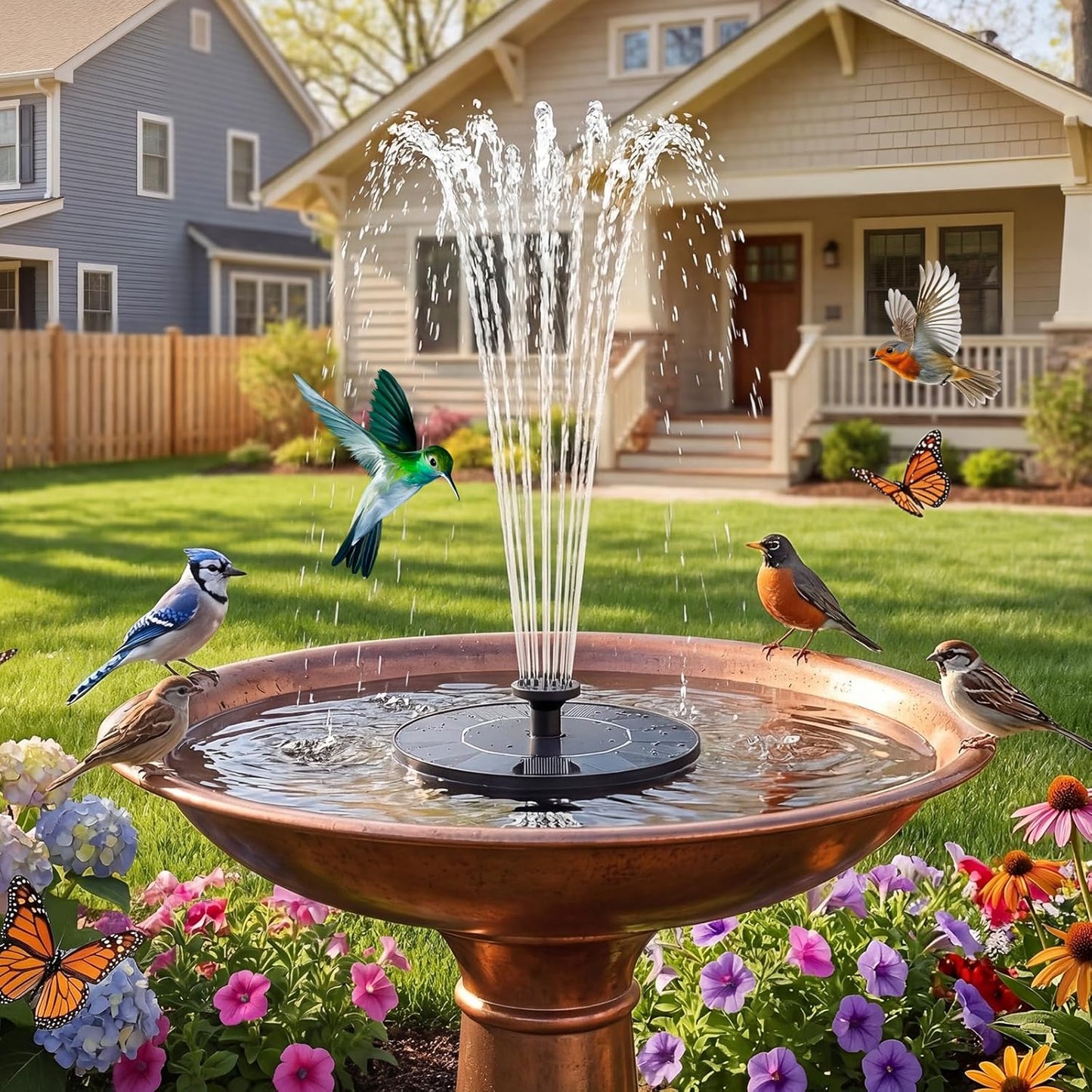 Black Floating Solar Fountain Pump with 16 cm Disc and Interchangeable Spray-Head Fittings