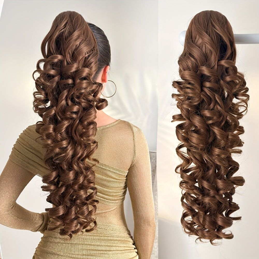 Curly Ponytail Extension 28 Inch Long Heat Resistant Synthetic Clip In Wrap Around Hairpiece Voluminous Bouncy Curls 4 Styles for Women Everyday Parties Festivals