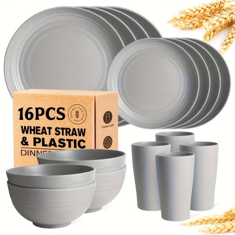 Wheat Straw Dinnerware Set 16 or 32 Piece – Plates & Bowls for 4 or 8 People, Microwave & Dishwasher Safe Plastic Dish Set, Lightweight Colorful Tableware for Home, Party & Holiday