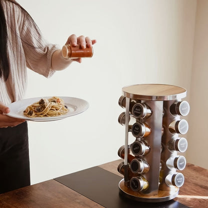 Rotating Spice Rack with 20 Glass Jars 360-Degree Revolving Stainless Steel Spice Tower for Home Cooking, Dining and Outdoor Meals