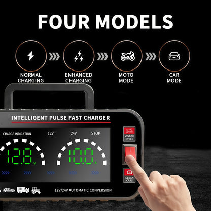Car Battery Charger 12V/24V with LCD Display – Fast Charging Portable Maintainer for Cars, Trucks, RVs & Motorcycles, Overcharge Protection, Lead-Acid Compatible
