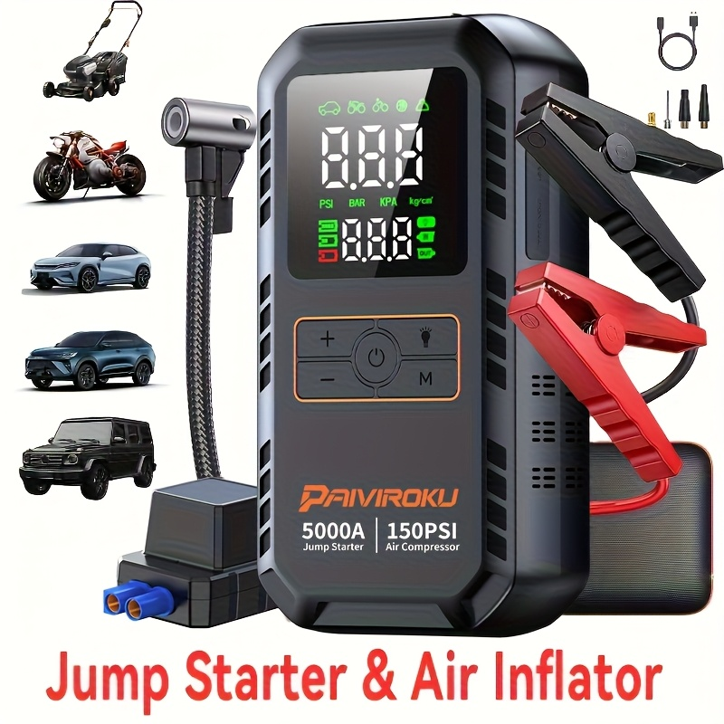 5000A Car Jump Starter with 150 PSI Digital Tire Inflator, 12V Clamps and 44.4Wh, 59.2Wh or 74Wh Options