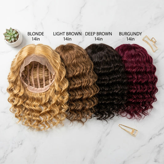 Synthetic Wig 14-Inch Deep-Wave Curly Bob with Glueless Rose Net Cap in Four Colors for Daily Style