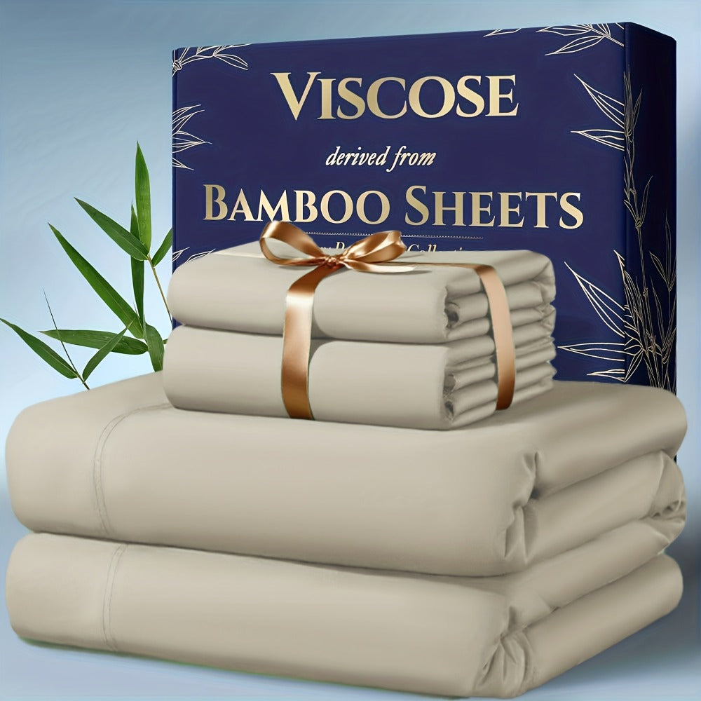 Viscose-from-Bamboo Four-Piece Sheet Set with Deep-Pocket Fitted Sheet, Twin to King Sizes and 12 Colors