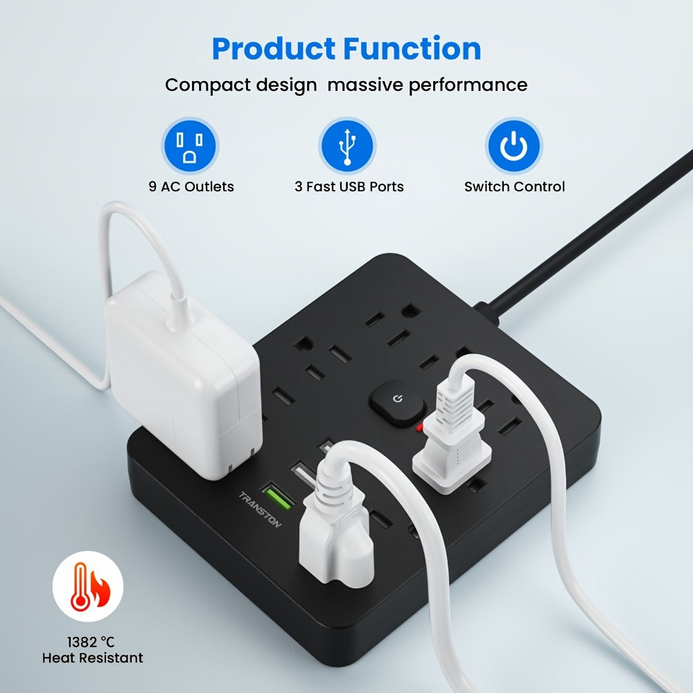Power Strip 12-in-1 with 45-Degree Angled Plug, 9 AC Outlets, 3 USB-A Ports and 10-Foot Extension Cord