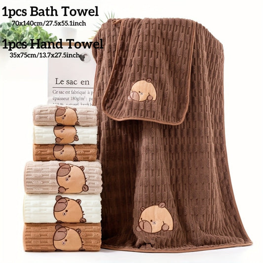 Towel Set 2 Piece Capybara Coral Fleece Face Towel and Bath Sheet in Four Printed Styles for Home and Guest Use