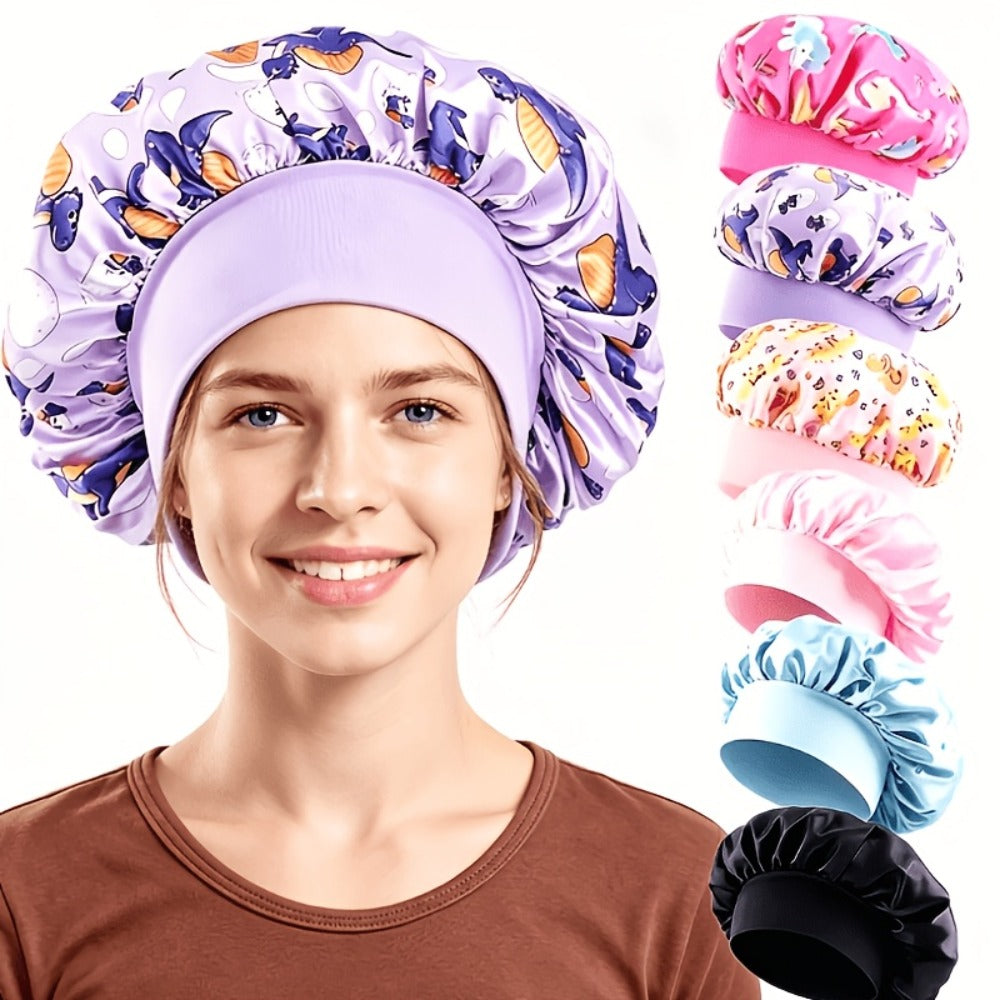 Six-Piece Printed Shower Cap Set in Five Protected Assorted Color and Cartoon Pattern Options
