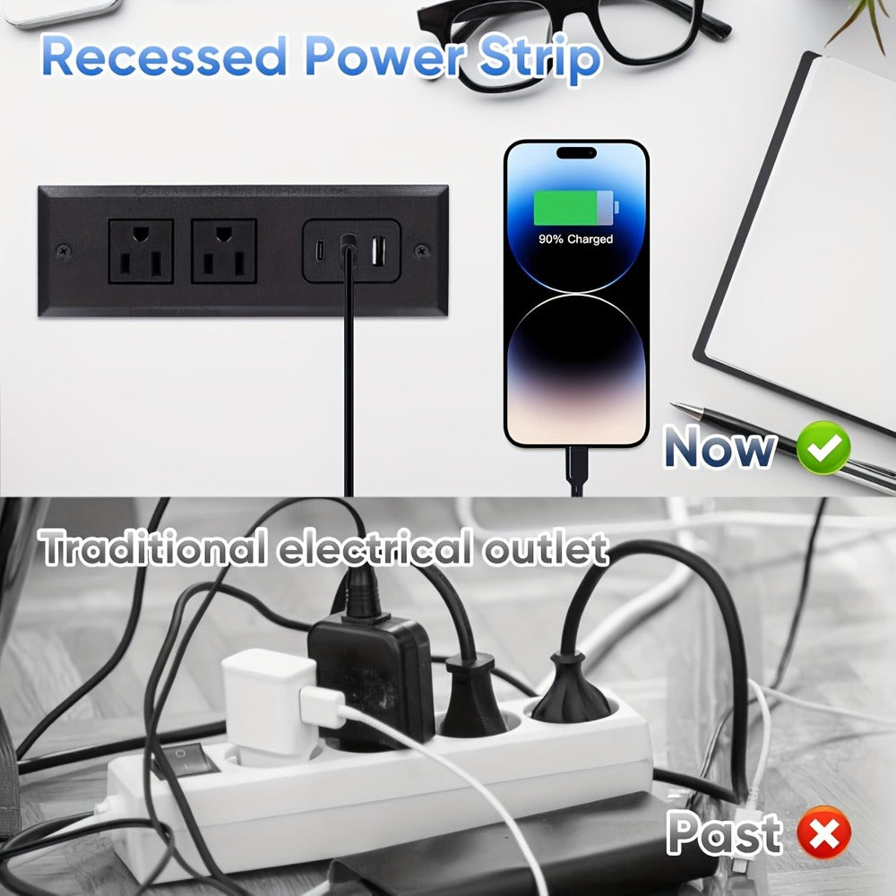 Power Strip Recessed Desk Outlet with Flush-Mount Design, USB-A, USB-C and 1.5-Meter Extension Cord