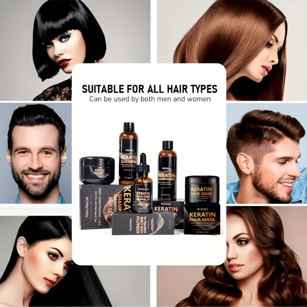 Five-Piece ROZINO Keratin Hair Care Set with Shampoo, Conditioner, Mask and Oil Container Formats