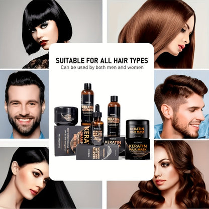 Five-Piece ROZINO Keratin Hair Care Set with Shampoo, Conditioner, Mask and Oil Container Formats