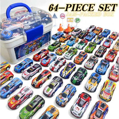 64 Pcs Pull Back Toy Car Set with City Map, Traffic Signs & Storage Box – 56 Mini Die-Cast Vehicles for Kids Boys Girls Ages 3+, Party Favors Birthday Christmas Gift